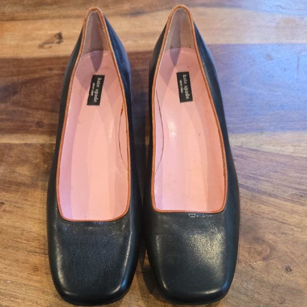 kate spade Black Leather Square-Toe Flats with Pink Insole